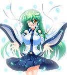  blush breasts detached_sleeves frog_hair_ornament green_hair hair_ornament hair_tubes kochiya_sanae large_breasts long_hair one_eye_closed open_mouth osashin_(osada) ribbon skirt smile snake snake_hair_ornament solo touhou yellow_eyes 