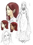  breasts cape character_sheet cleavage dark_skin dress earrings formal gown jewelry kingfrogs large_breasts long_hair maou_(maoyuu) maoyuu_maou_yuusha necklace partially_colored pointy_ears red_hair solo 