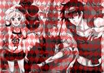  4boys argyle argyle_background bracelet butterfly_print gareki gareki_(karneval) goggles harlequin_(pattern) hat hood jewelry karneval midriff monochrome multiple_boys nai nai_(karneval) plant robot rose_print sheep sleeveless spot_color sword thorns top_hat tsukumo_(karneval) twintails vines weapon yogi 