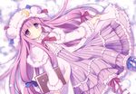  adapted_costume bad_id bad_pixiv_id book bow capelet coat crescent dress hair_ribbon hat long_hair long_sleeves lying mizuse_kiseki on_back open_clothes open_coat patchouli_knowledge purple_dress purple_eyes purple_hair ribbon snow solo striped striped_dress touhou tress_ribbon very_long_hair winter_clothes 