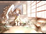  ^_^ bow brown_hair classroom closed_eyes desk flood highres letterboxed light_rays original plant school_desk school_uniform shunsuke single_wing smile soaking_feet solo sunbeam sunlight sweater twintails water wings 