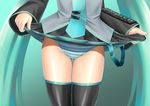  210ten green_hair hatsune_miku long_hair necktie panties skirt skirt_lift solo striped striped_panties thigh_gap thighhighs twintails underwear very_long_hair vocaloid 