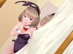  animal_ears bad_id bad_pixiv_id blue_eyes bow bowtie brown_hair bunny_ears bunny_tail bunnysuit curtains detached_collar fishnet_pantyhose fishnets fitting_room mido_(pstn) mirror open_mouth original pantyhose short_hair tail wrist_cuffs 