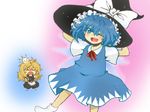  ;d apron blue_dress blue_eyes blue_hair blush bobby_socks cirno clothes_theft crying drawfag dress hat head_bump kirisame_marisa long_hair multiple_girls neck_ribbon one_eye_closed open_mouth red_ribbon ribbon smile socks theft touhou witch_hat 