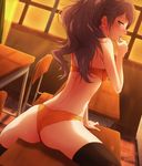  arm_support ass black_legwear blush bra brown_hair classroom dark_persona desk dutch_angle earrings finger_to_mouth from_behind hairu highres jewelry kujikawa_rise long_hair looking_at_viewer looking_back on_desk panties persona persona_4 ponytail profile school_desk shadow_(persona) shadow_rise sitting sitting_on_desk solo spread_legs thighhighs underwear underwear_only yellow_bra yellow_eyes yellow_panties 
