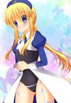  androgynous blonde_hair blue_eyes cosplay crossdressing eiserne_jungfrau garters hat highres leotard long_hair male_focus necktie neon_ui ponytail smile solo thighhighs thighs umineko_no_naku_koro_ni ushiromiya_lion 