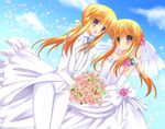  1girl androgynous blonde_hair blue_eyes bouquet cloud day dress dual_persona elbow_gloves flower formal genderswap genderswap_(mtf) gloves long_hair necktie neon_ui petals ponytail ribbon rose sky smile suit umineko_no_naku_koro_ni ushiromiya_lion wedding_dress white_suit 