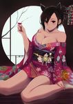  :q alcohol animal_ears black_hair breasts cat_ears cleavage hair_ornament hairpin hareno_chiame japanese_clothes kimono large_breasts obi original red_eyes round_window sake sash sitting tongue tongue_out wariza window 