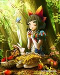  :p animal apple bird black_hair blush bow bunny circlet flower food forest fruit gloves green_eyes hair_ornament looking_at_viewer mary_janes nature ribbon shoes short_hair sitting skirt squirrel thighhighs tongue tongue_out tree unmei_no_clan_battle yana_(nekoarashi) 