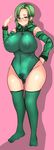  1girl areolae bare_shoulders blue_eyes bodysuit breasts curvy detached_sleeves feet female glasses green green_hair highleg highres huge_breasts large_areolae legs mound_of_venus navel nipples original pubic_hair pussy see-through solo standing thighhighs uncensored zinnruisaikyou 