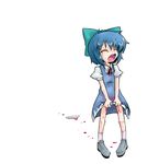  1girl blood blue_hair cirno eyes_closed fang female highres menstruation open_mouth panties sasa1020 short_hair solo tears touhou underwear white_background white_panties 