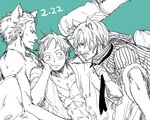  3boys abs animal_ears aqua_background cat_ears cigarette color_background hand_rest male male_focus monkey_d_luffy monochrome multiple_boys muscle necktie one_piece open_clothes open_shirt roronoa_zoro sanji scar shirt striped striped_shirt topless xla009 