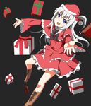  boots bow box capelet christmas frills gift gift_box hair_bobbles hair_ornament highres legs long_hair santa_costume shinki side_ponytail silver_hair simple_background skirt solo toho-77 touhou 