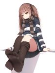  1girl alternate_costume arm_support arms_at_sides asymmetrical_legwear bangs breasts brown_scarf closed_mouth commentary_request eyebrows_visible_through_hair feet full_body girls_frontline katuo1129 legs light_brown_eyes light_brown_hair long_hair long_sleeves looking_at_viewer no_shoes one_side_up pale_skin pov_feet scar scar_across_eye scarf shadow shiny shiny_hair shirt simple_background sitting skirt small_breasts smile soles solo striped striped_scarf striped_shirt thighhighs thighhighs_pull toe_scrunch toes tsurime ump45_(girls_frontline) white_background 