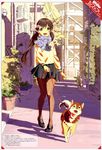  absurdres brown_hair chikaoka_sunao cold copyright_request day dog green_eyes happy highres long_hair open_mouth outdoors pantyhose pet pigeon-toed scan scarf school_uniform serafuku shadow shiba_inu skirt solo standing twintails walking 