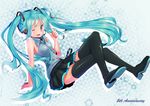  aqua_eyes aqua_hair bad_id bad_pixiv_id bare_shoulders boots colorized crossed_legs hatsune_miku headset highres long_hair necktie one_eye_closed open_mouth osasimi_(overloadetna) sitting skirt solo thigh_boots thighhighs twintails very_long_hair vocaloid 