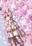  bad_id bad_pixiv_id brown_eyes cherry_blossoms detached_sleeves flower highres kagamine_len male_focus necktie red_neckwear sakura_len shiki69 shorts solo vocaloid 