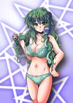  adjusting_hair bra breasts cleavage fue_(fuef) green_eyes green_hair hair_ornament hair_tubes hand_on_hip highres holding holding_hair kochiya_sanae large_breasts lingerie long_hair messy_hair navel panties smile snake_hair_ornament solo star thigh_gap touhou underwear underwear_only 