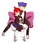  1girl blue_hair couple embarrassed hetero kokotaru mars_(pokemon) pointy_hair pokemon pokemon_(game) pokemon_dppt red_hair saturn_(pokemon) short_hair simple_background sitting team_galactic uniform 