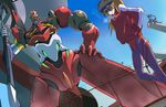  animal_hat blue_eyes breath cat_hat double-blade eva_02 eva_08 evangelion:_3.0_you_can_(not)_redo eyepatch gomibako_(shirokumatei) green_eyes hand_on_hip hands_in_pockets hat highres jacket long_hair mecha neon_genesis_evangelion orange_hair plugsuit rebuild_of_evangelion shikinami_asuka_langley souryuu_asuka_langley sword track_jacket weapon 