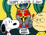  ambiguous_gender beagle blush canine charlie_brown crossover dog english_text human humor male mammal robotnik sega snoopy sonic_(series) speak tears text 