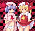  ascot bat_wings blonde_hair blue_hair blush brooch checkered checkered_background dress dress_lift fang flandre_scarlet hat hat_ribbon heart heart_panties heart_print highres jewelry looking_at_viewer midriff multiple_girls navel panties pink_dress pink_eyes polka_dot polka_dot_panties print_panties puffy_sleeves red_dress remilia_scarlet rena_(riries) ribbon shirt short_hair short_sleeves siblings side_ponytail sisters skirt skirt_lift smile touhou underwear white_panties wings 