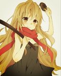  aisaka_taiga bad_id bad_pixiv_id bokken brown_eyes brown_hair doughnut dress food long_hair momo1002 scarf solo sword toradora! weapon wooden_sword 