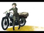  belt blanket brough_superior engine green_eyes green_hair ground_vehicle hermes highres kino kino_no_tabi letterboxed looking_up motor_vehicle motorcycle reverse_trap short_hair white_background zaki_mitsunori 