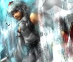  bare_shoulders detached_sleeves ears fingerless_gloves gloves hat inubashiri_momiji lips looking_away mayuma_yumeko pom_pom_(clothes) red_eyes scar shield solo sword tabard tokin_hat touhou water waterfall weapon white_hair 