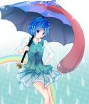  bad_id bad_pixiv_id blue_eyes blue_hair colorized dududunune8 error hand_on_hip heterochromia highres karakasa_obake long_sleeves messy_hair purple_umbrella rain rainbow red_eyes runo_(hachu) short_hair skirt sleeves_rolled_up smile solo tatara_kogasa tongue touhou umbrella 