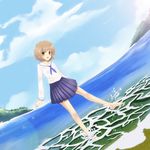  barefoot beach brown_eyes brown_hair cloud day dutch_angle froznkamui hair_ornament hanasaku_iroha highres matsumae_ohana ocean open_mouth outdoors pleated_skirt school_uniform serafuku short_hair skirt sky smile solo wading water wavy_hair 