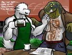  abs achilles anthro bgn biceps big canine clothing coffee dialog dinosaur duo hot humor male mammal muscles nipples ouch pecs reptile scalie smile standing text theropod tyrannosaurus_rex wolf zeke 