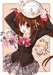  &gt;_&lt; :d ^_^ blazer bow brown_hair cat chibi closed_eyes fang fujimoto_akio highres jacket kamikita_komari lennon little_busters! long_hair multiple_girls natsume_rin noumi_kudryavka open_mouth pink_bow plaid plaid_skirt ponytail red_eyes school_uniform skirt smile 