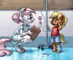  + 2019 bandage blue_eyes candy clipboard clothed clothing crouching duo equine female food friendship_is_magic fully_clothed green_eyes hat holivi horse lollipop mammal my_little_pony nurse_redheart_(mlp) one_eye_closed pony shirt shorts signature tears 