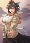  alternate_costume bag between_breasts black_hair blurry blush breasts depth_of_field hand_in_pocket hat jacket large_breasts looking_at_viewer open_mouth pointy_ears red_eyes scarf shameimaru_aya short_hair smile solo strap_cleavage tkln tokin_hat touhou 