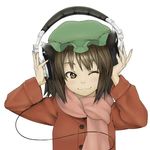  ;3 animal_ears brown_eyes brown_hair cat_ears chen hat headphones highres kuro_oolong short_hair simple_background solo touhou upper_body white_background 