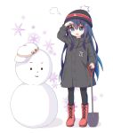  1girl akatsuki_(kantai_collection) alternate_costume beanie black_coat black_hair black_legwear blue_eyes boots cross-laced_footwear full_body hat hibiki_(kantai_collection) highres kantai_collection lace-up_boots long_hair pantyhose red_footwear shovel snowflakes snowman solo standing verniy_(kantai_collection) white_background winter_clothes yoshinao_(yoshinao_0203) 