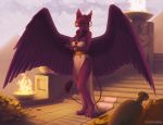  2019 4_toes 5_fingers anthro barefoot breasts clothed clothing day digital_media_(artwork) digitigrade eyelashes feathered_wings feathers felid feline female fur hybrid mammal orange_sclera outside purple_feathers purple_fur red_eyes sky solo standing toes va_art wings 
