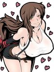  arms_behind_back belt blush breasts brown_eyes brown_hair cleavage collarbone covered_nipples crop_top final_fantasy final_fantasy_vii gloves heart highres large_breasts leaning_forward light_smile long_hair miniskirt no_bra red_gloves shirt simple_background skirt solo suspender_skirt suspenders taro taut_clothes taut_shirt tifa_lockhart very_long_hair white_background 