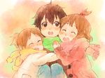  :d :o ^_^ brown_eyes brown_hair closed_eyes fukutarou_(enji127) girl_sandwich hirasawa_ui hirasawa_yui hug k-on! manabe_nodoka multiple_girls open_mouth ponytail round_teeth sandwiched scarf short_hair smile teeth topknot younger 