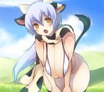  animal_ears animal_print bare_shoulders bent_over blue_hair blush breast_squeeze breasts brown_eyes cleavage cow_ears cow_girl cow_print cow_tail fuyu horns huge_breasts leaning_forward long_hair looking_at_viewer open_mouth original scarf solo tail tail_raised 