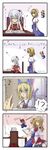  4koma =_= ? absurdres alice_margatroid alice_margatroid_(pc-98) anger_vein animal_ears bad_id bad_pixiv_id black_legwear blonde_hair blue_dress blue_eyes capelet cat_ears cat_tail chair chin_rest close-up comic dress fang full_nelson hair_bobbles hair_ornament heart highres kemonomimi_mode kenuu_(kenny) lance maid maid_headdress motherly multiple_girls musical_note photo_(object) polearm puppet_rings puppet_strings shanghai_doll shinki side_ponytail silver_hair skirt smile sweatdrop tail thighhighs touhou touhou_(pc-98) translated weapon yumeko 