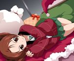  bangs bioroid_hei blouse box brown_eyes brown_hair christmas dutch_angle fur fur_trim gift gift_box girls_und_panzer green_skirt hair_ribbon hat indoors japanese_clothes kadotani_anzu kimono kotatsu long_hair looking_at_viewer lying miniskirt on_side ooarai_school_uniform parted_bangs pleated_skirt ribbon sack santa_hat school_uniform serafuku skirt solo table twintails white_blouse winter winter_clothes 