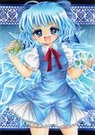  ahoge anor blue_eyes blue_hair bow cirno dress fang frog frozen frozen_frog hair_bow ice ice_wings millipen_(medium) open_mouth pastel_(medium) ribbon short_hair smile solo touhou traditional_media wings 