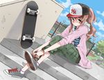  asahina_mikuru bad_id bad_pixiv_id baseball_cap brown_eyes brown_hair dutch_angle easylook hat hood hoodie long_hair ponytail shoes sitting sitting_on_stairs skateboard sleeves_pushed_up sneakers solo stairs suzumiya_haruhi_no_yuuutsu 