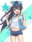  :d black_hair blue_eyes blush clenched_hands fang ganaha_hibiki highres idolmaster idolmaster_(classic) jacket long_hair motorii open_clothes open_mouth open_shirt ponytail shirt short_sleeves shorts sleeves_pushed_up smile solo star track_jacket 