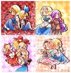  alice_margatroid alice_margatroid_(pc-98) back-to-back blonde_hair blue_dress blue_eyes boots capelet carrying close-up crescent crossed_arms cup doll_joints dress dual_persona eyeball fifiruu hair_ribbon hairband heart heart_of_string holding_hands komeiji_satori mary_janes medicine_melancholy multiple_girls no_hat no_headwear patchouli_knowledge pink_hair ribbon shoes short_hair shoulder_carry skirt smile su-san third_eye touhou touhou_(pc-98) 