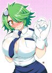  aoi_manabu blush breasts cleavage eyepatch gloves green_hair hair_over_one_eye large_breasts necktie orange_eyes otonashi_kiruko shinmai_fukei_kiruko-san short_hair skirt solo sweatdrop tears 