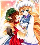  animal_ears anor blonde_hair blush bow brown_hair cat_ears cat_tail chen closed_eyes doll dress fang fox_tail green_eyes hand_on_head hat highres millipen_(medium) multiple_girls multiple_tails open_mouth pastel_(medium) petting short_hair smile tail touhou traditional_media yakumo_ran 