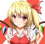  bad_id bad_pixiv_id blonde_hair blouse flandre_scarlet hair_ribbon holding holding_hair kuroganeruto light_smile no_hat no_headwear red_eyes ribbon short_hair short_sleeves side_ponytail simple_background solo striped striped_background touhou upper_body vest wings 